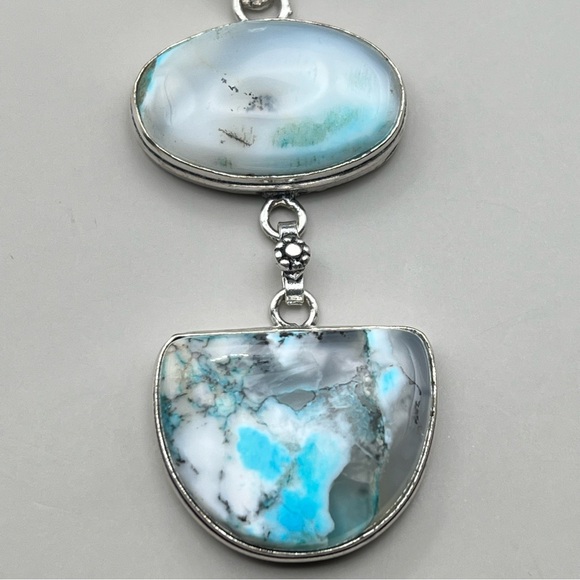 New Blue Enhanced Dendritic Opal Stone Silver Overlay Pendant Necklace w Cord - Picture 8 of 9
